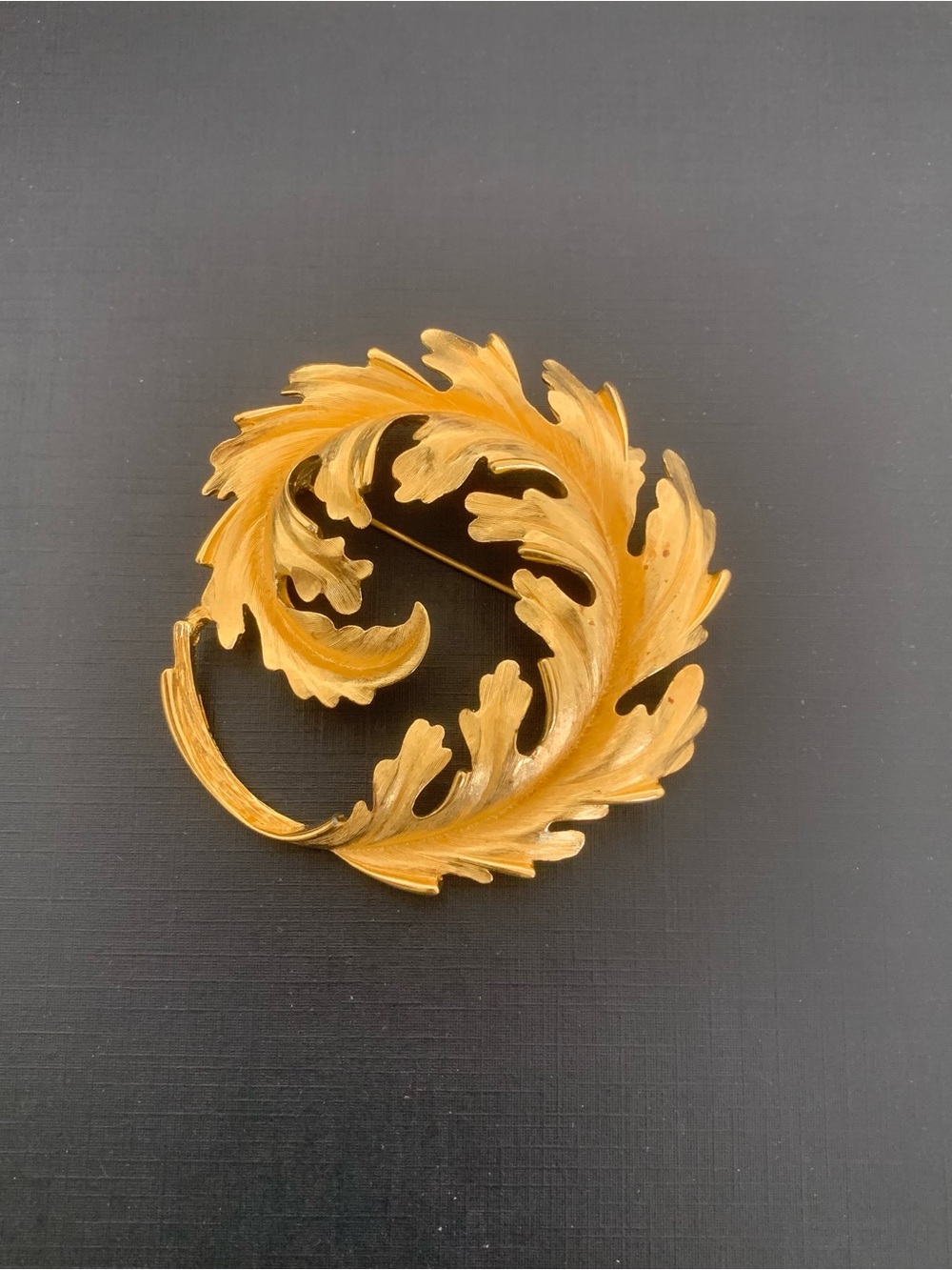 Monet Large Vintage Brushed Gold Tone Curled Leaf 3" Brooch Heavy Swirl Estate